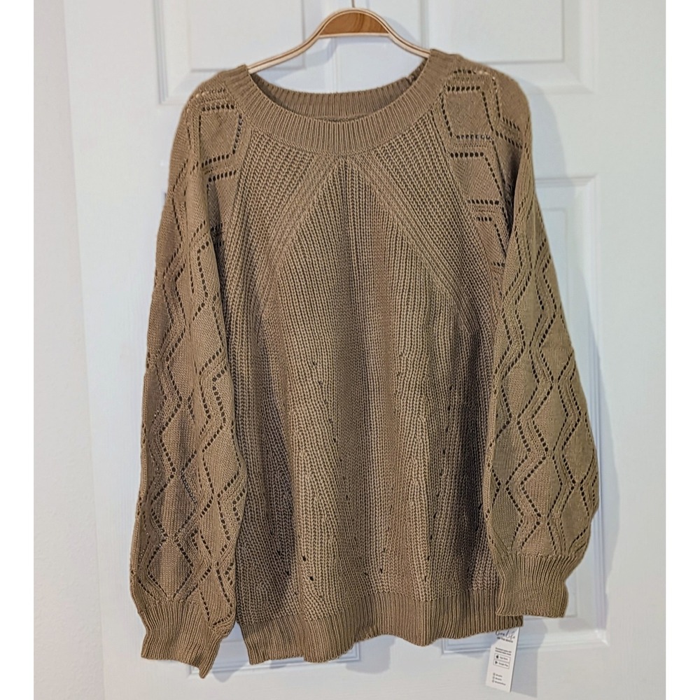 Cupshe Tan‎ Knit Sweater XL Long Sleeve Diamond Cutout Crew Neck Pullover NWT - Picture 5 of 11